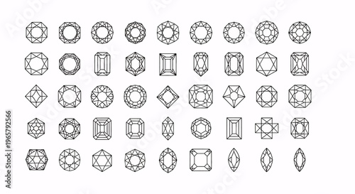 Collection of various faceted diamond shapes and cuts in a clean line art style, isolated on white background