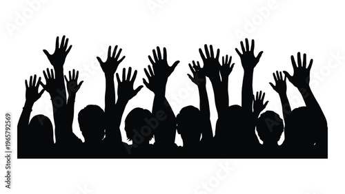 A multitude of raised hands are depicted in black against a white background conveying excitement and energy silhouette