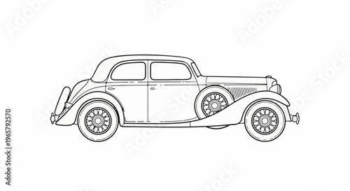 Stylized line drawing of a classic four-door sedan, complete with spare tire