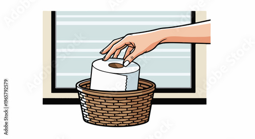 A hand reaches for a toilet paper roll in a basket by a window