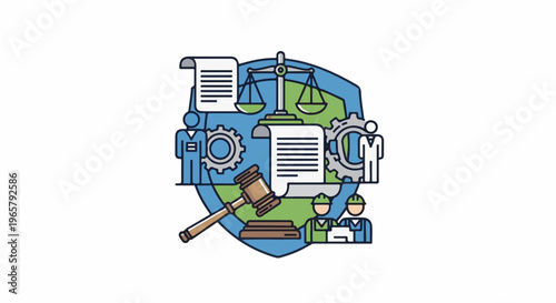 Stylized legal and industrial concepts, depicting justice and labor