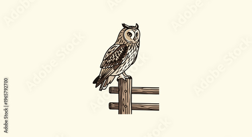 A detailed drawing of a long-eared owl perched on a wooden fence post
