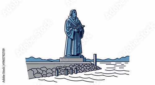 Stylized statue of a robed figure holding a book stands by the water