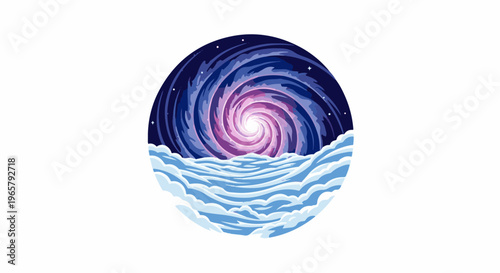 Cosmic vortex merges with ethereal cloudscape in circular pixel art