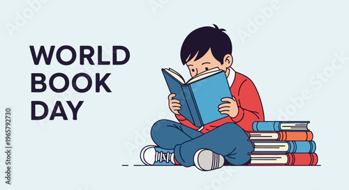 Young person sits cross-legged, engrossed in reading a book, surrounded by more books