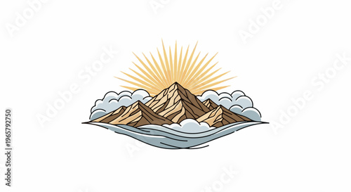 Stylized sunburst over mountain peaks amidst clouds and water