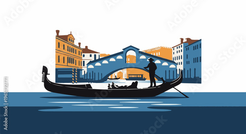 Gondola glides past a historic bridge and colorful buildings in Venice