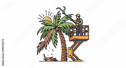 Person in a lift trimming a palm tree under the sun