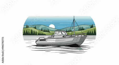 Gray motorboat on calm water with serene mountain landscape background