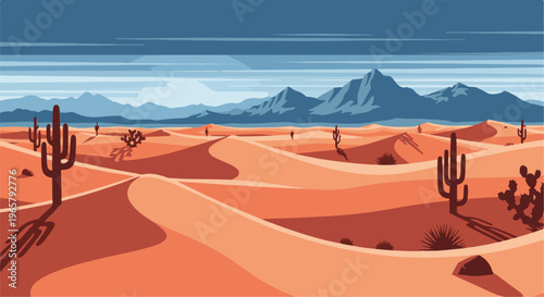 Pixel art desert landscape with saguaro cacti and distant mountains under a blue sky