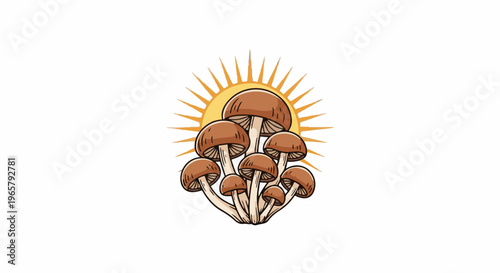 A cluster of brown mushrooms sits before a radiant yellow sunburst