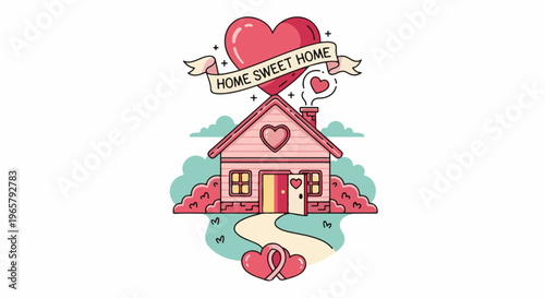 A charming, pink, cartoon house with hearts, a banner proclaiming "HOME SWEET HOME," and a pathway