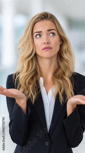 Confused caucasian young adult woman shrugging in business suit Free Download Confused caucasian young adult woman shrugging in business suit - GFXLoad