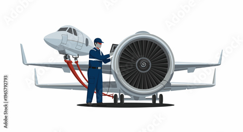 Technician inspects jet engine with tablet next to aircraft