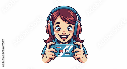 Cheerful girl with headphones plays a mobile game on her phone