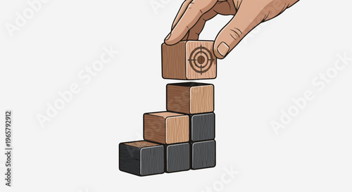 Hand placing a target block atop a staircase of wooden blocks