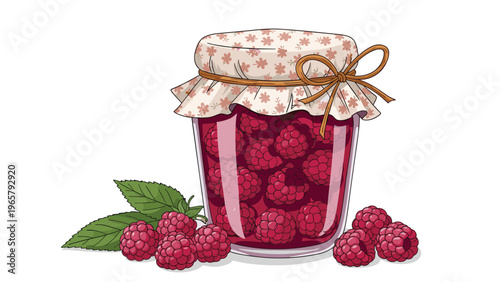 Delicious illustration of a glass jar filled with whole raspberries in jam topped with a floral fabric lid and bow.