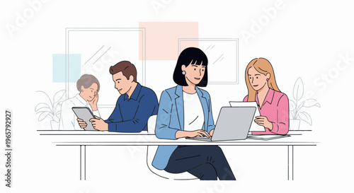 Office workers collaborate at a desk with laptops and tablets, focused on tasks