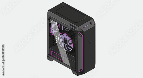 Black computer tower with purple illuminated fans and accents