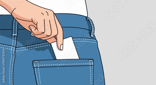 Hand tucking a white card into the back pocket of blue jeans