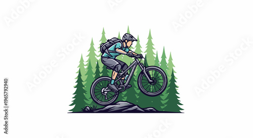 Mountain biker in action, jumping over rocks amidst pine trees