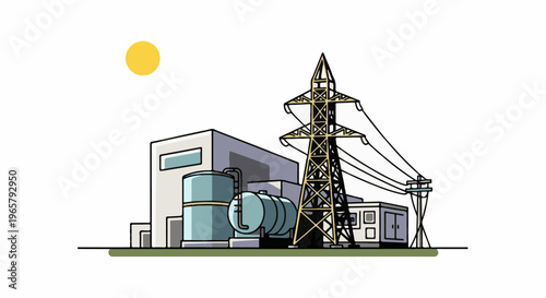 Industrial facility with large tanks, power tower, and sun