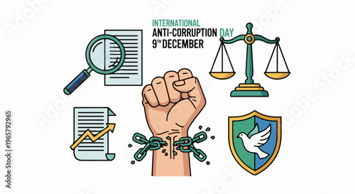International Anti-Corruption Day visuals scales of justice, broken chains, dove