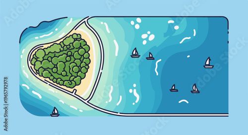 Aerial view of a lush green island with sailboats on a clear blue ocean