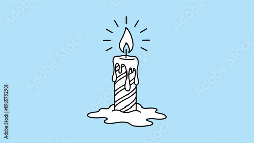Simple line art illustration of a burning candle with melting wax and a bright flame set against a solid blue background.