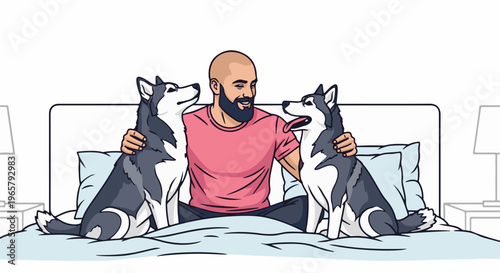 Man embraces two Siberian Huskies on a bed with pillows
