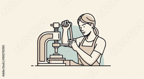 Woman in apron operating a mechanical press