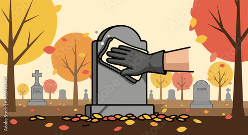 Autumnal cemetery cleanup hand in glove wipes tombstone amid falling leaves