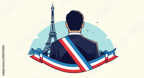 Man wearing tricolor sash faces Eiffel Tower, symbolic patriotic scene