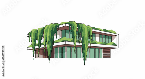 Modern architecture overgrown with lush green vegetation, cascading down