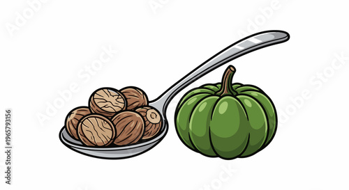 A spoon holds whole nutmegs next to a green pumpkin