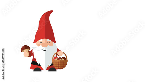 Friendly garden gnome character wearing a tall red hat and holding a brown wicker basket filled with forest mushrooms.