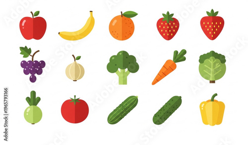 Flat vector illustration of fruit and vegetable icons arranged in a neat grid on a solid white background. The set includes apple, banana, orange, strawberry, grape, broccoli, carrot, tomato, cucumber