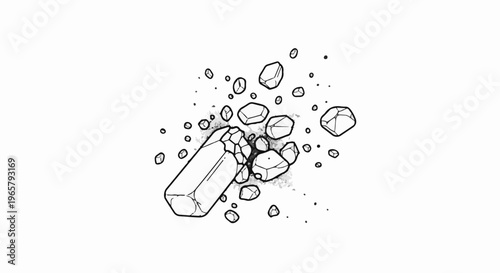 Hand-drawn sketch of crystalline fragments and scattered pebbles on white background