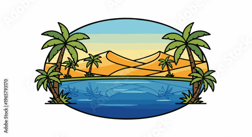 Oasis in a desert landscape with palm trees and a body of water