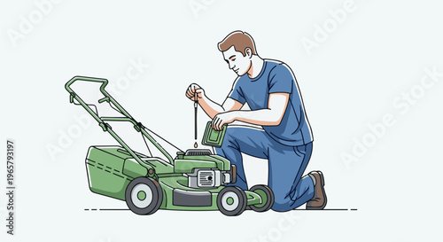 Person kneeling to add oil to a green lawnmower engine