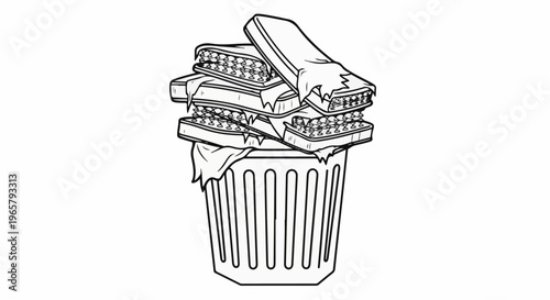 Stack of old mattresses piled on top of a trash bin