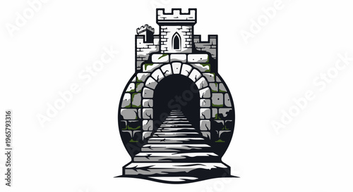 Stone arched castle entrance with stairs leading into darkness