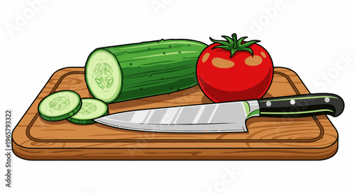 Fresh cucumber slices and a ripe tomato on a wooden cutting board with a chef's knife