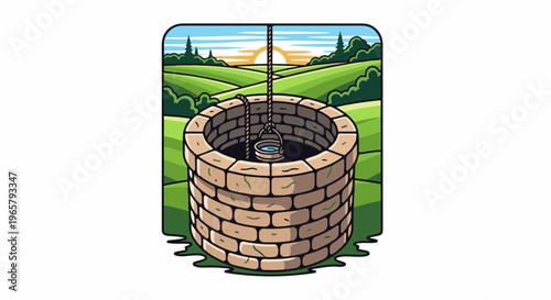 Stone well in rolling green hills at sunset with rope and bucket
