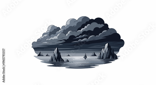 Dramatic cloudy sky over jagged rocks in a dark sea