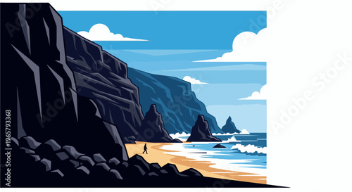 A lone figure walks on a sandy beach by dark, jagged cliffs