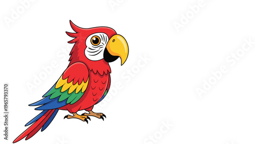 Colorful cartoon illustration of a vibrant scarlet macaw parrot sitting peacefully and looking to the side with bright feathered plumage.