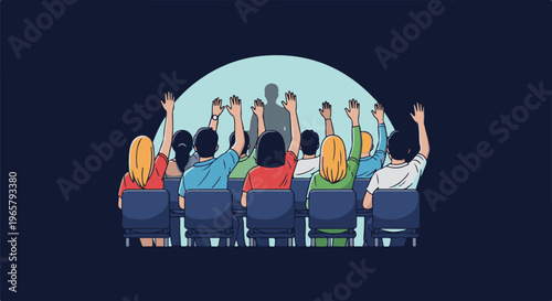 Diverse audience with hands raised in a dimly lit room, facing a spotlighted presenter