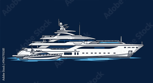 A large white luxury yacht and a smaller tender yacht float on deep blue water