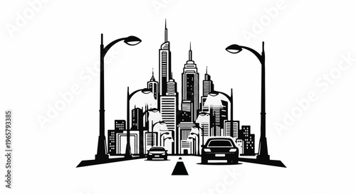 Stylized cityscape with cars and streetlights
